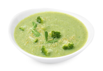 Delicious broccoli cream soup isolated on white