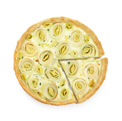 Tasty leek pie isolated on white, top view