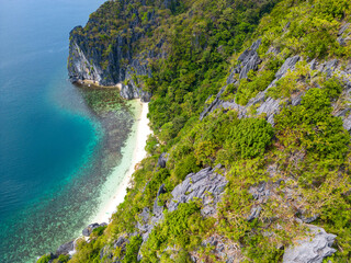Seven Commandos Beach. Palawan Tropical Landscape. Aerial View. El Nido, Palawan, Philippines. Southeast Asia.