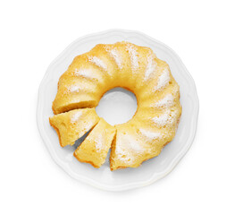 Delicious freshly baked sponge cake isolated on white, top view