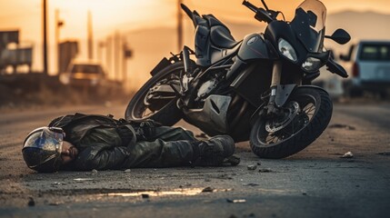 a motorcyclist on the road and his motorbike crashes laid next to him - obrazy, fototapety, plakaty