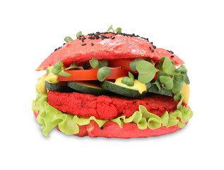 Tasty pink vegan burger with vegetables, patty and microgreens isolated on white