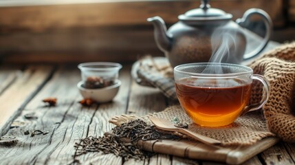 steaming cup of Earl Grey tea sits on a rustic wooden table, surrounded by loose tea leaves, a vintage teapot, and a cozy knitted blanket