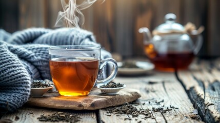 steaming cup of Earl Grey tea sits on a rustic wooden table, surrounded by loose tea leaves, a vintage teapot, and a cozy knitted blanket