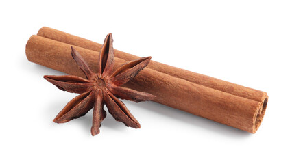 Aromatic cinnamon stick and anise star isolated on white