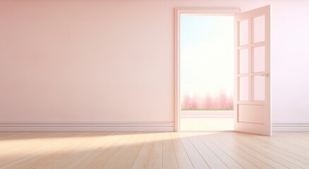 Fototapeta na wymiar A Spacious Empty Room With an Open Door and a Pink Wall