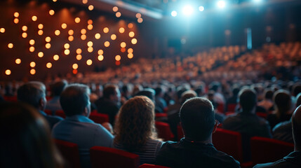 A wide shot of a church conference hall filled with attendees, Church Conference, blurred background, with copy space