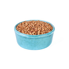 Raw buckwheat in bowl isolated on white