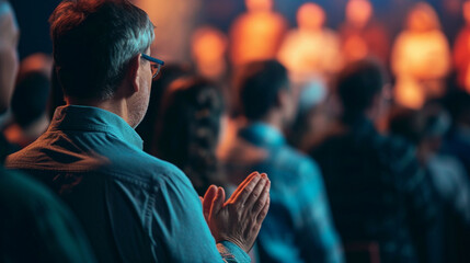 A group of people praying together at a church conference, Church Conference, blurred background,...