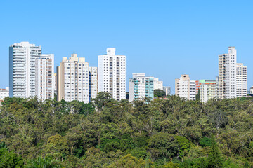 Tall buildings behind a vast green area of trees. Green city concept. Photo taken in Sao Paulo - SP, Brazil.