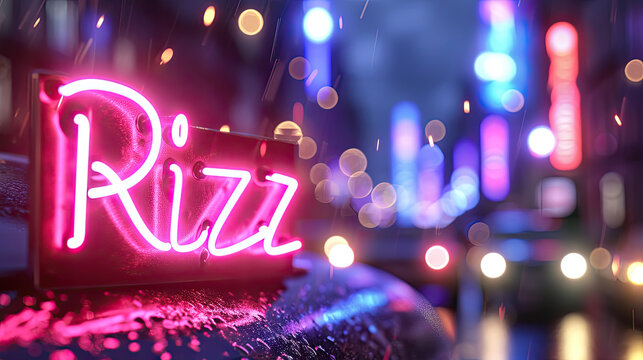 Rizz written in pink neon sign, Gen Z slang for charisma