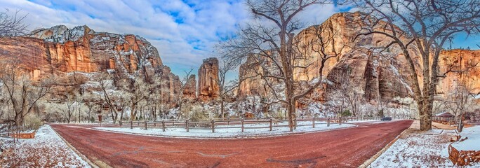 Panoramic picture from Zion National Park in Utah in winter with snow