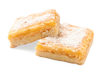 Tasty lemon bars with powdered sugar isolated on white