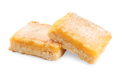 Tasty lemon bars with powdered sugar isolated on white