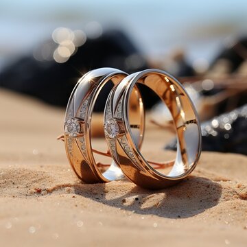 Two gold wedding rings on a background from the sea lie on the sand. Concept: engagement and wedding jewelry