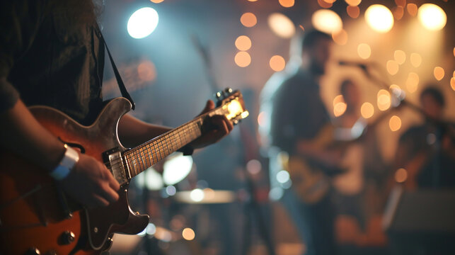 A worship band playing music on stage at the church conference, Church Conference, blurred background, with copy space