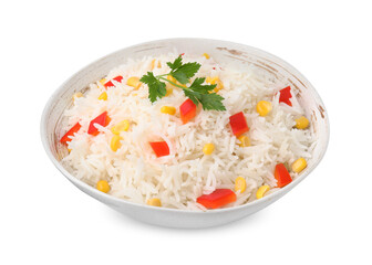 Delicious rice with vegetables and parsley isolated on white