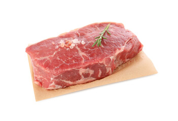 Steak of raw beef meat and spices isolated on white
