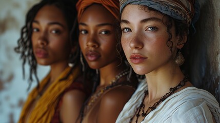 Obraz premium Group of beautiful different ethnicity women. Multi ethnic beauty and friendship. Portrait of diverse group of natural beautiful women