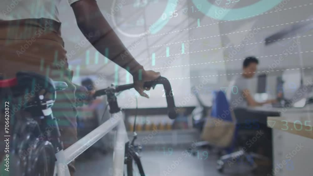 Poster animation of data processing on graph over diverse female colleagues with bike and at desk in office