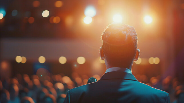 A closing ceremony of a church conference with a keynote speaker giving final blessings, Church Conference, blurred background, with copy space