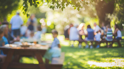 An outdoor scene of a church conference picnic, with families gathered and enjoying fellowship, Church Conference, blurred background, with copy space