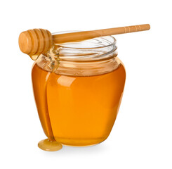 Tasty honey in glass jar and dipper isolated on white