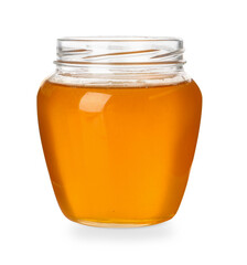 Tasty honey in glass jar isolated on white