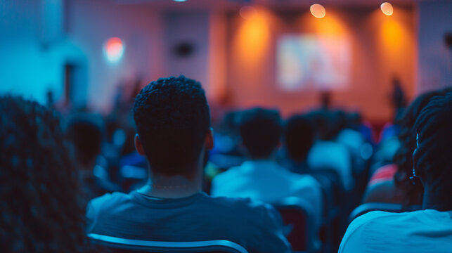 Youth attendees participating in a dynamic and interactive church conference session, Church Conference, blurred background, with copy space