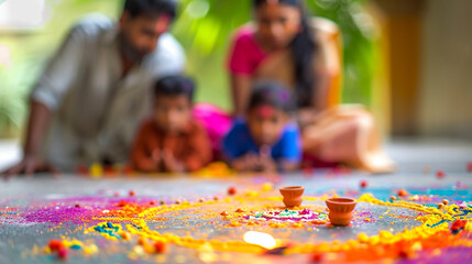 A family decorating their home with colorful rangoli for Gudi Padwa, Gudi padwa, blurred background, with copy space