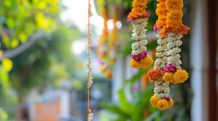 A beautifully decorated Gudi displayed outside a house on Gudi Padwa, Gudi padwa, blurred background, with copy space