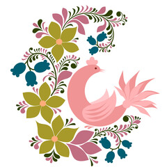 Floral ornament with bird, flowers, leaves, curls, in green and pink tones on a white isolated background.