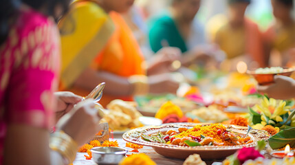 A family gathering for a festive meal during Gudi Padwa, Gudi padwa, blurred background, with copy space