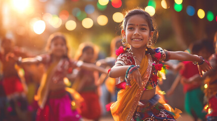 Obraz premium A group of children in traditional attire dancing during Navratri, Navratri, blurred background, with copy space