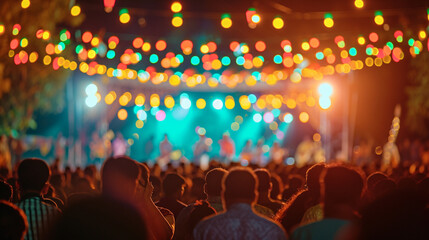 A crowd enjoying a live music performance during Navratri, Navratri, blurred background, with copy space