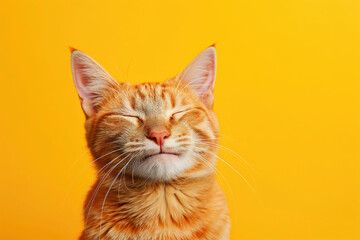 Cat smiling with happy expression and closed eyes on color background
