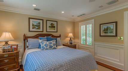 Elegant Bedroom with Classic Decor and Artistic Paintings