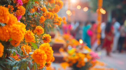 Devotees gathering at a temple adorned with marigolds on Hanuman Jayanti, Hanuman Jayanti, blurred background, with copy space