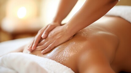 close-up of a therapist hand massaging woman's back with hot towel in spa   