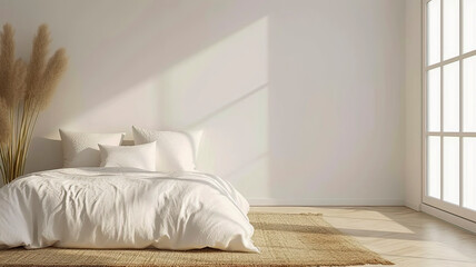 Fototapeta na wymiar Sunny Modern Bedroom with White Bedding and Minimalist Decor
