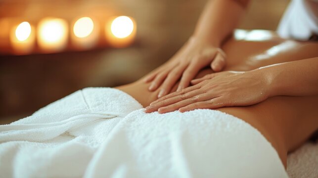 close-up of a therapist hand massaging woman's back with hot towel in spa   