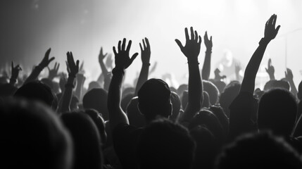 Monochrome image of a crowd at a concert, with many hands raised in the air, silhouetted against bright stage lights. - obrazy, fototapety, plakaty