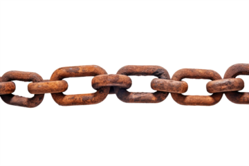 Isolated and totally straight rusty chain on a cutout PNG transparent background