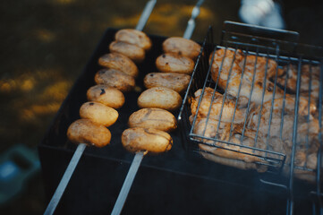 Potato skewers on burning coals on outdoor grill.