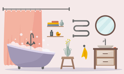 Stylish bathroom in flat vector style. Accessories: shampoo, shower gel, soap, shelf, stool, vase, towel, mirror, sink, heated towel rail.
