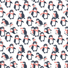 Penguins in winter attire seamless pattern. Can be used for gift wrapping, wallpaper, background