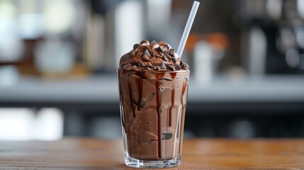 front view of chocolate dessert in glass with straw   