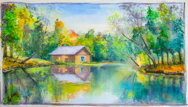 Cottage by the River Landscape Watercolor Paint