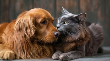 Grey fluffy domestic cat with long hair showing its affection to a brown dog with long hair   