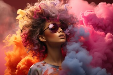 women with smoke in her hair, in the style of light multicolor